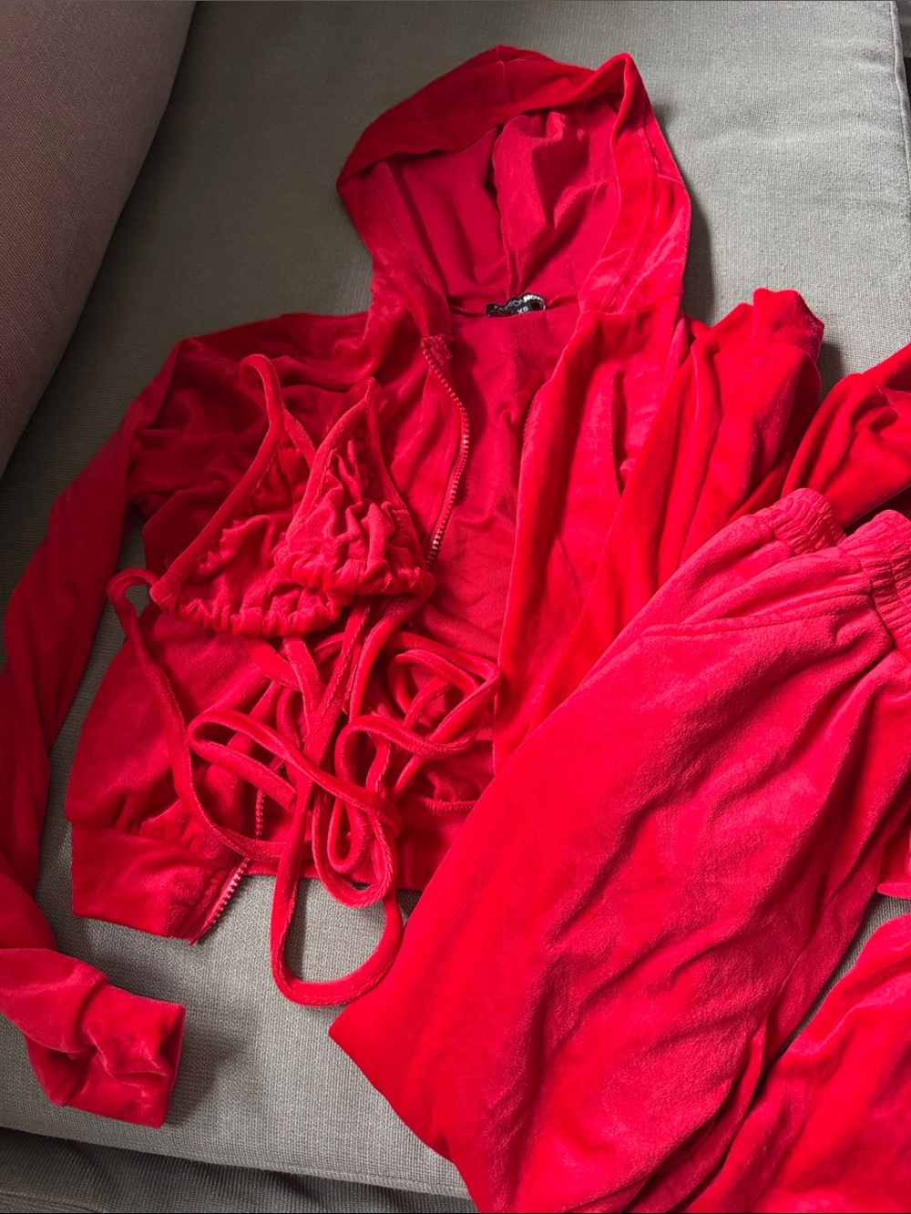 Fashion Nova Red Velour Hoodie, Bikini Top & Jogger Set